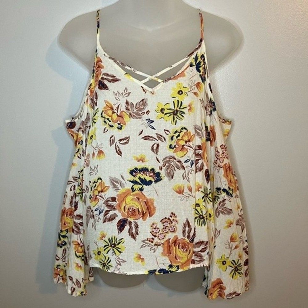 One Clothing Beige Floral Print Cold Shoulder Top Size Small